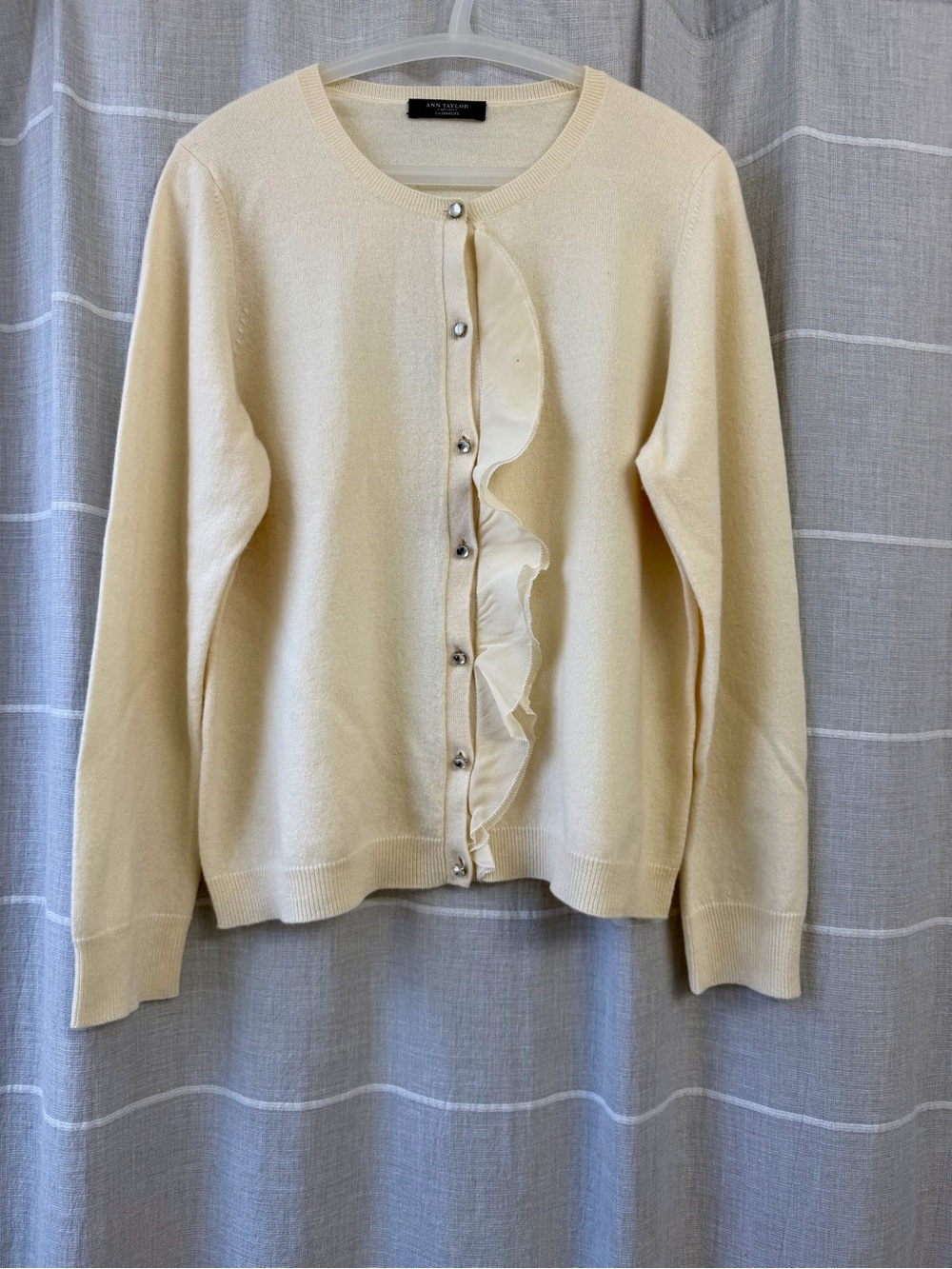 Ann Taylor Cashmere Cardigan Sweater Ruffle Placket Jewel Crystal Buttons